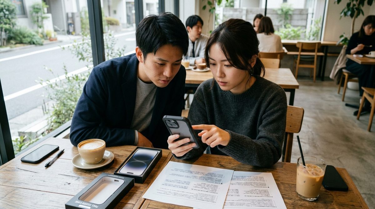 カフェで新機種スマホを女性が操作し、男性が画面を見る