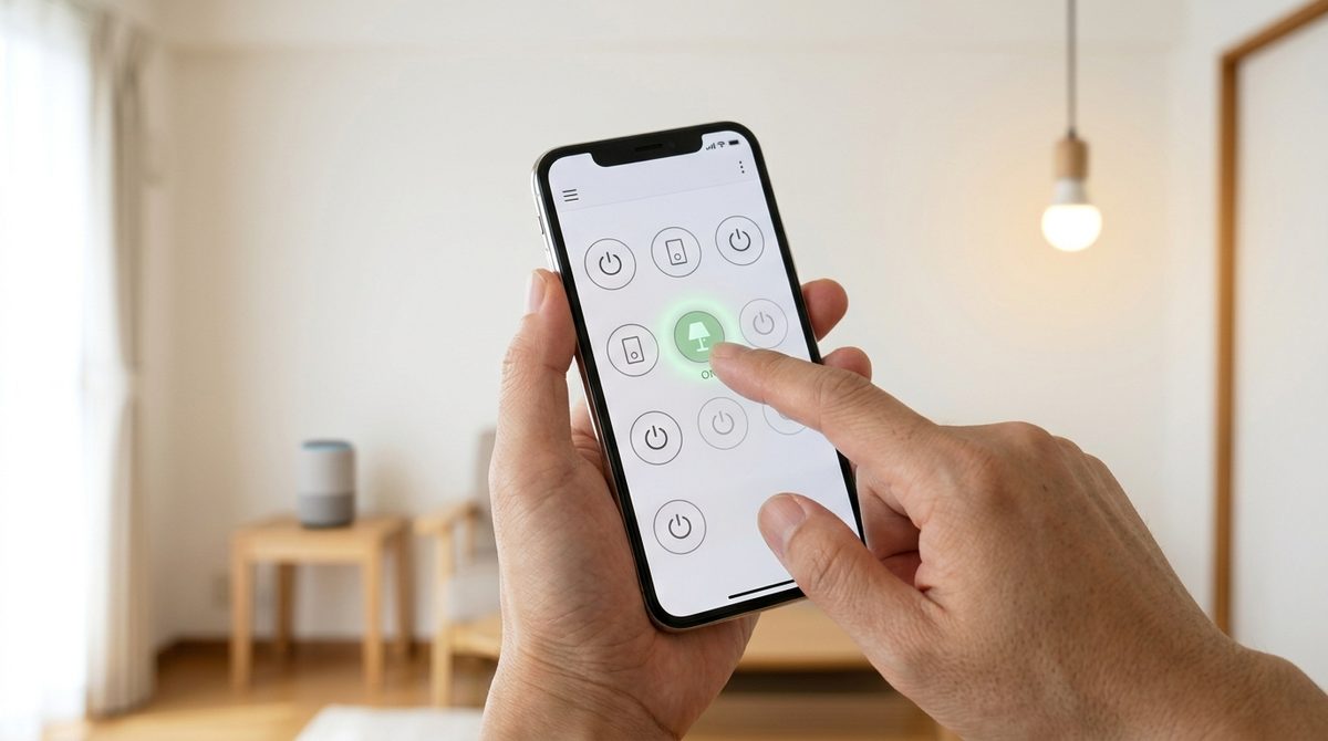 家電とスマホアプリが連動する様子を示し、スマートホームの利便性を伝える